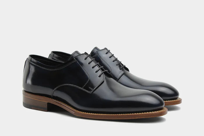 Navy blue bespoke Derby shoe, side view