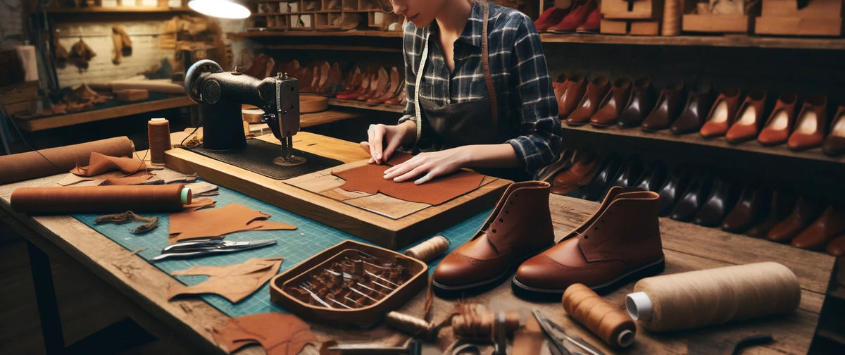 Women working at a bench in a bespoke shoemaking workshop