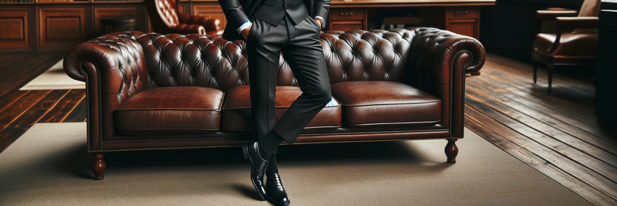 Bespoke leather shoes worn in an office