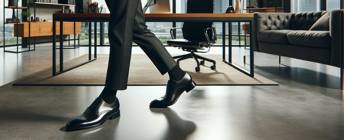 Black bespoke dress shoes worn at work in an office