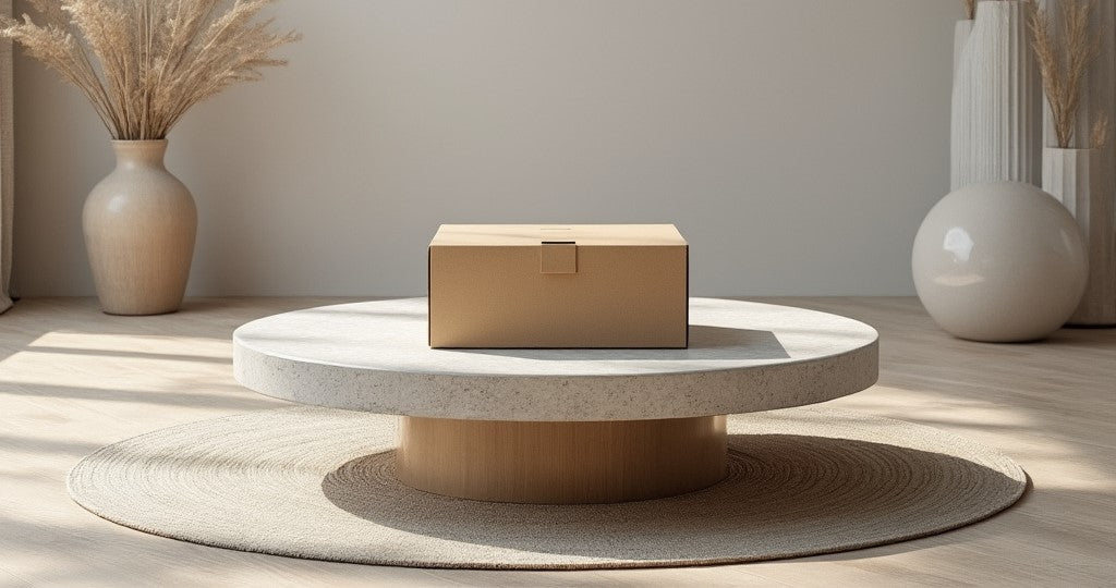 Bondeno at-home fitting kit box for bespoke shoes, resting on a round stone coffee table