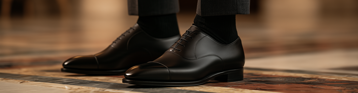 Black calfskin bespoke cap-toe Oxford shoes worn with grey trousers on a marble floor