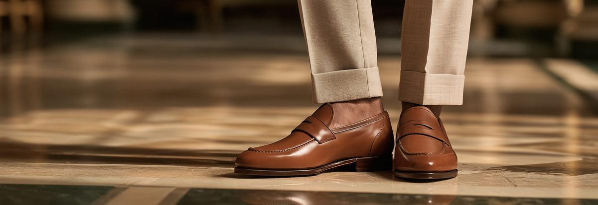 Tan calfskin penny loafers worn with cuffed beige trousers on a marble floor