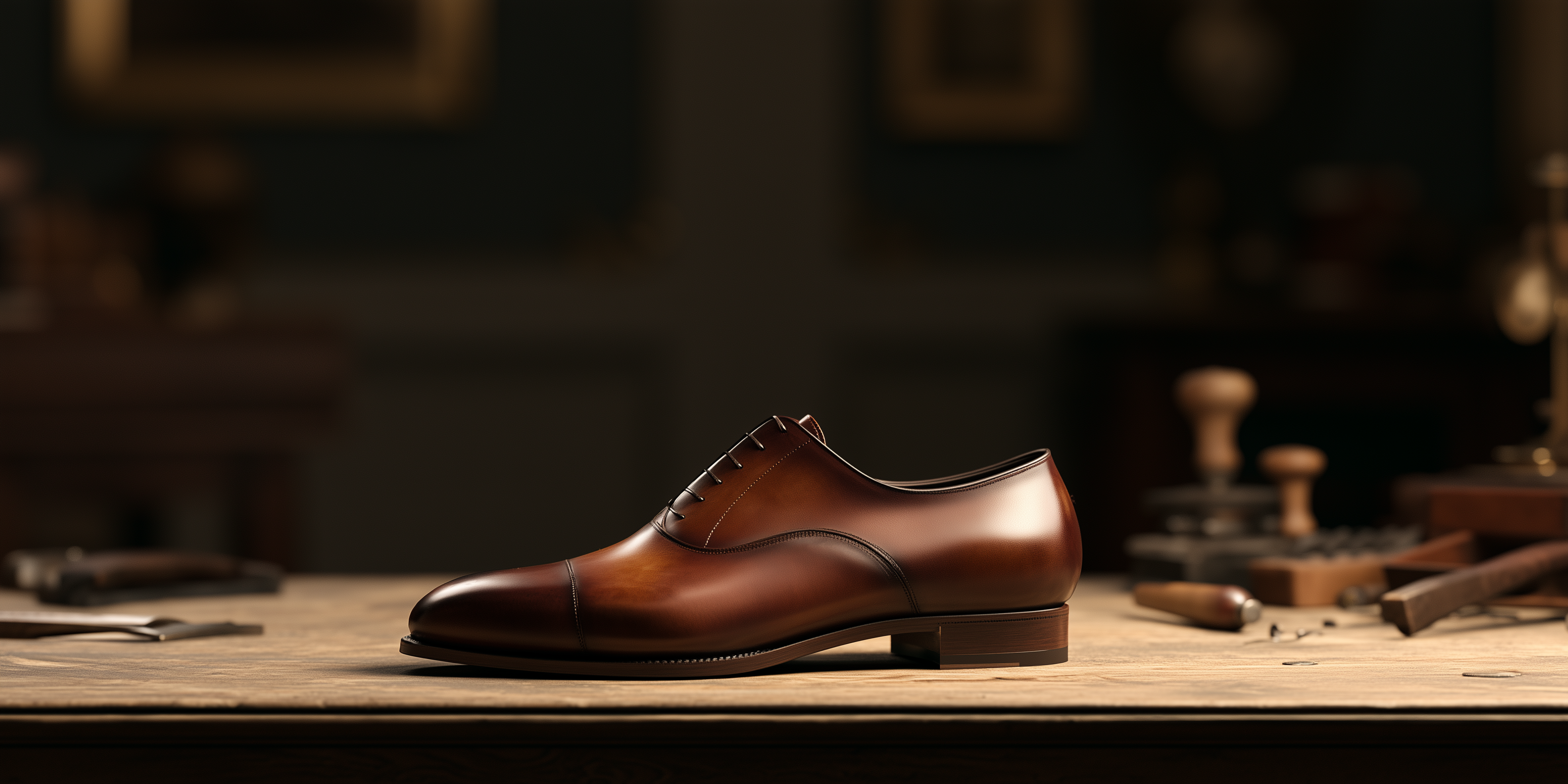 Bondeno bespoke men's dress shoe captoe oxford in brown on workshop table