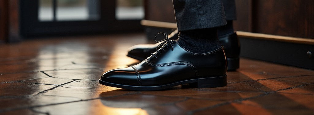 Men wearing bespoke custom made oxfords shoes in black