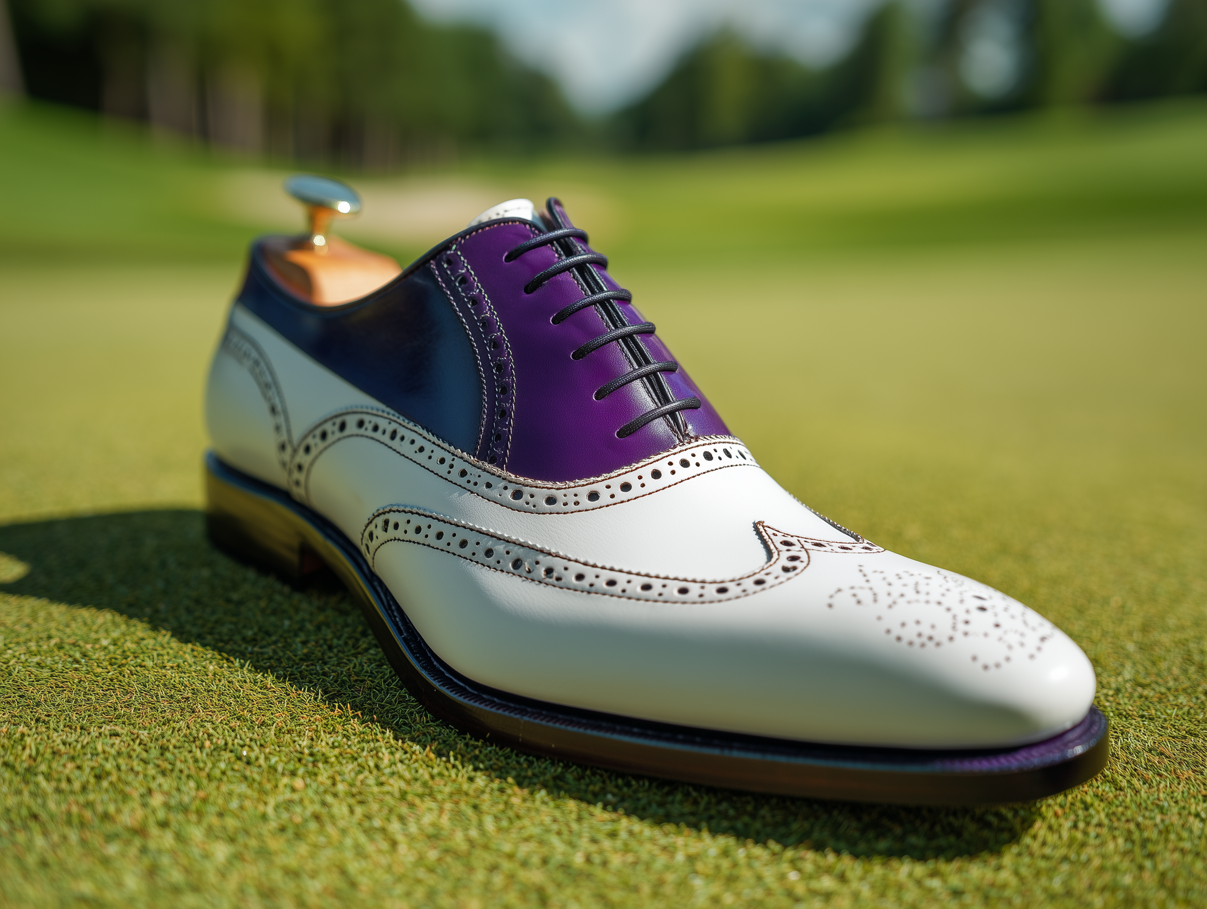 CESCO • Bespoke Custom Made & Fitted Golf Shoes With Replaceable Screw-In Spikes • WHITE & PURPLE