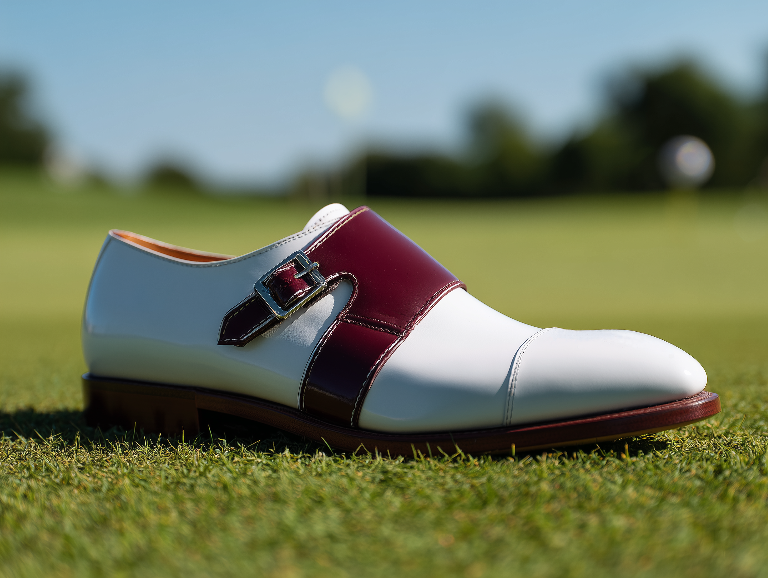 EMILIA • Bespoke Custom Made & Fitted Golf Shoes With Replaceable Screw-In Spikes • WHITE & RED