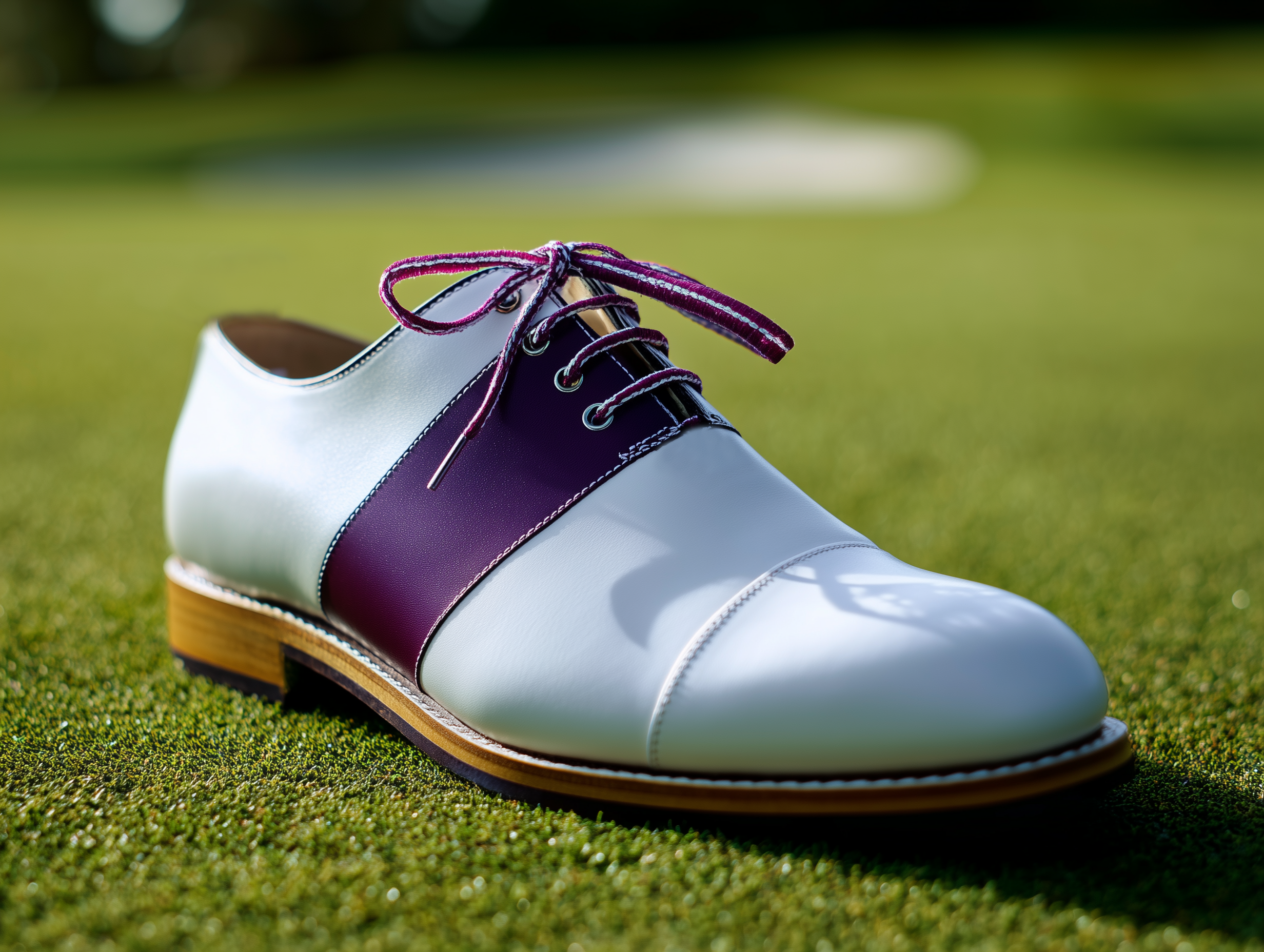 NICOLETTA • Bespoke Custom Made & Fitted Golf Shoes With Replaceable Screw-In Spikes • WHITE & PURPLE