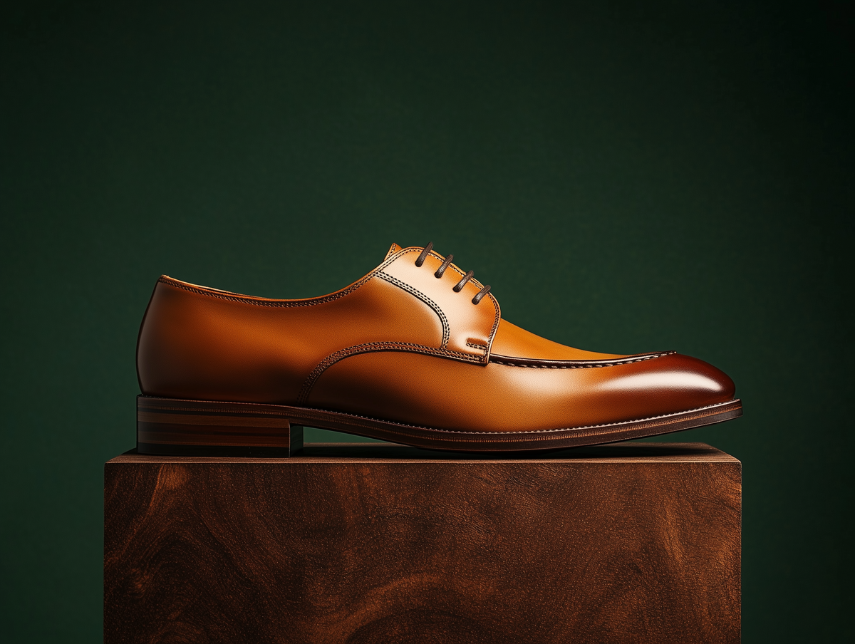 Bondeno Adriano bespoke apron-toe Derby in tan calfskin, side profile on a wooden plinth