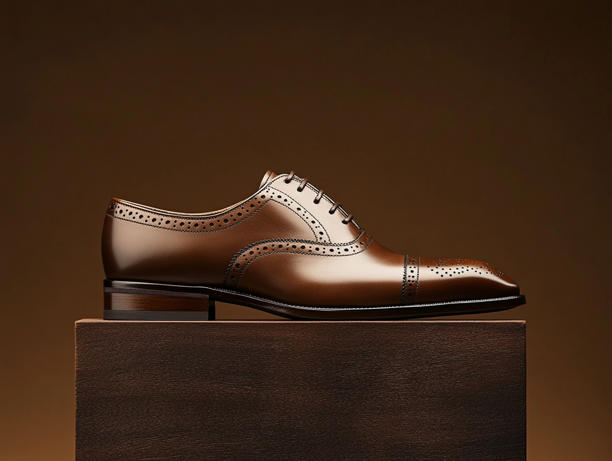 Bondeno Alonzo bespoke cap-toe brogue Oxford in brown calfskin, side profile on a wooden plinth