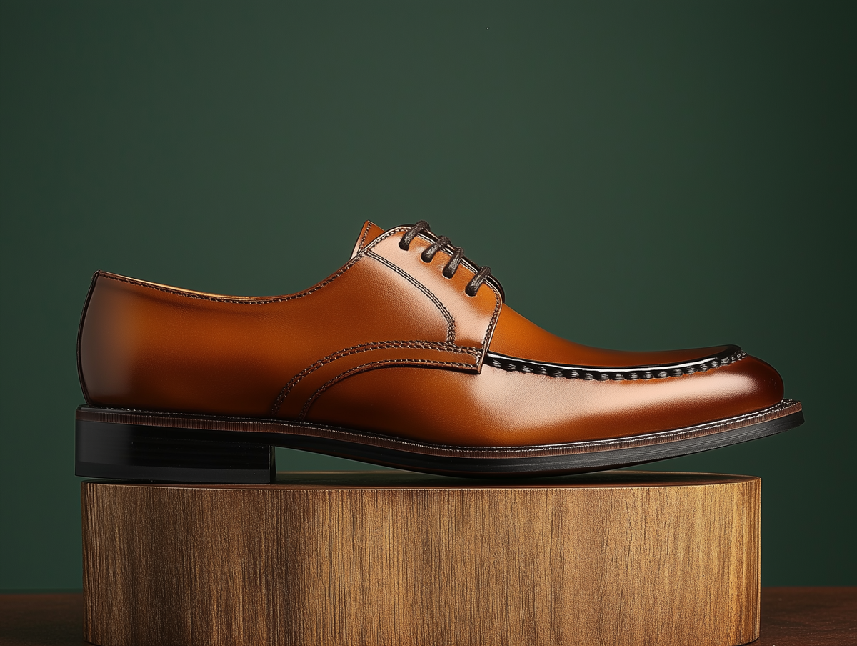 Bondeno Alvize bespoke apron-toe Derby in brown calfskin, side profile on a wooden plinth