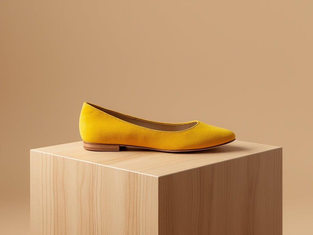 Bondeno Anita bespoke ballet flat in sunflower yellow suede, side view on a wooden block