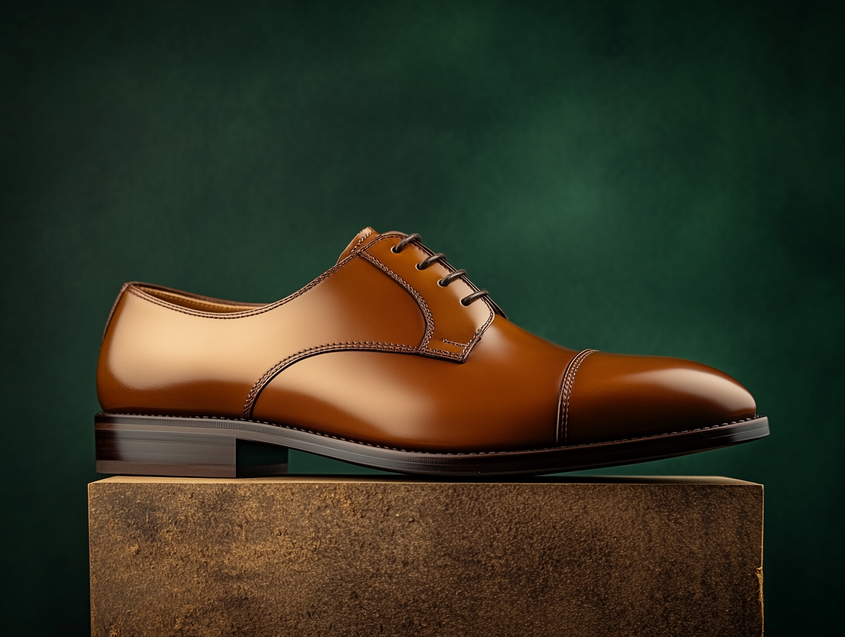 Bondeno Aristide bespoke cap-toe Derby in brown calfskin, side profile on a wooden plinth