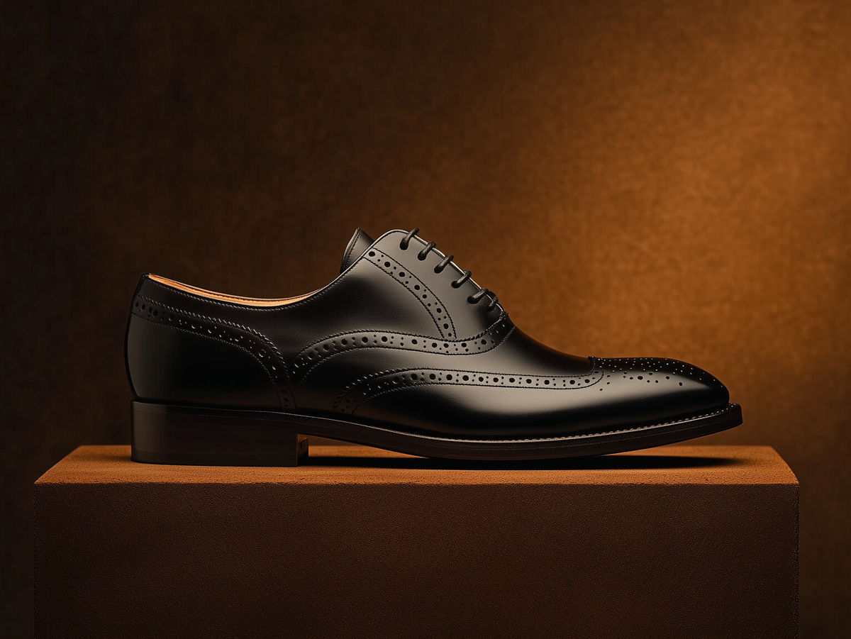 Bondeno Aurelio bespoke wingtip Oxford in black calfskin, side profile on a wooden plinth