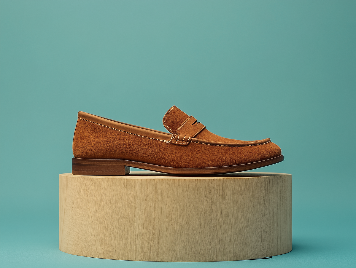 Bondeno Aurora bespoke penny loafer in sandcastle tan suede, side profile on a wooden plinth