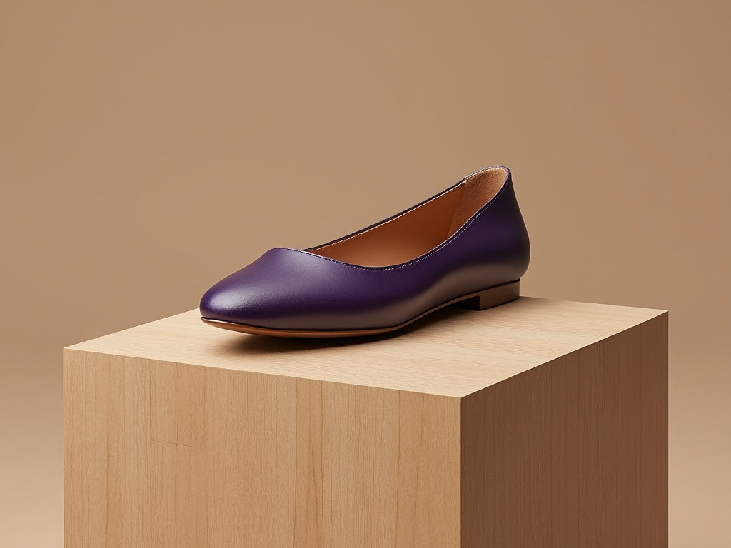 Bondeno Beatrice bespoke ballet flat in purple calfskin, side view on a wooden block