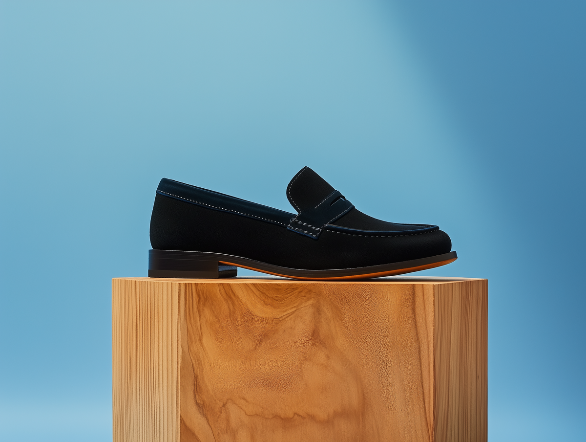 Bondeno Beatrice bespoke penny loafer in sable black suede, side profile on a wooden plinth