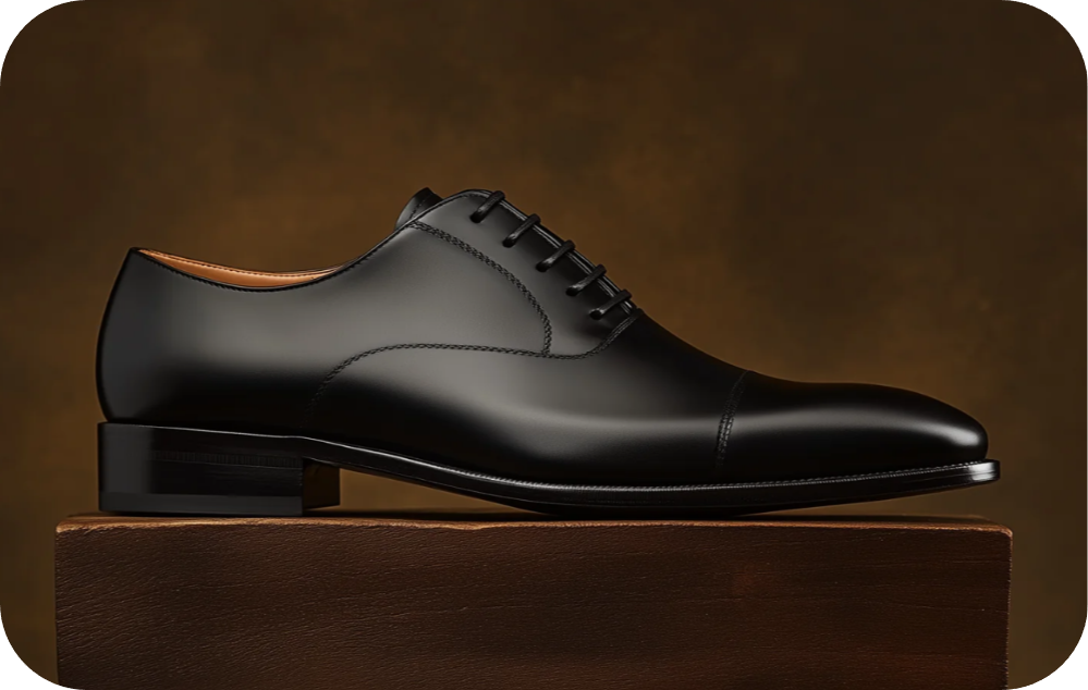 Black cap-toe Oxford on a wooden plinth, Bondeno Bespoke Shoes Gift Card