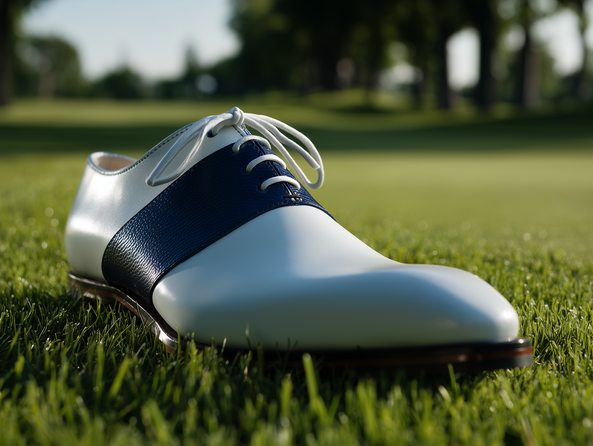 Bondeno Caravaggio bespoke golf shoe in white and navy blue on a golf course