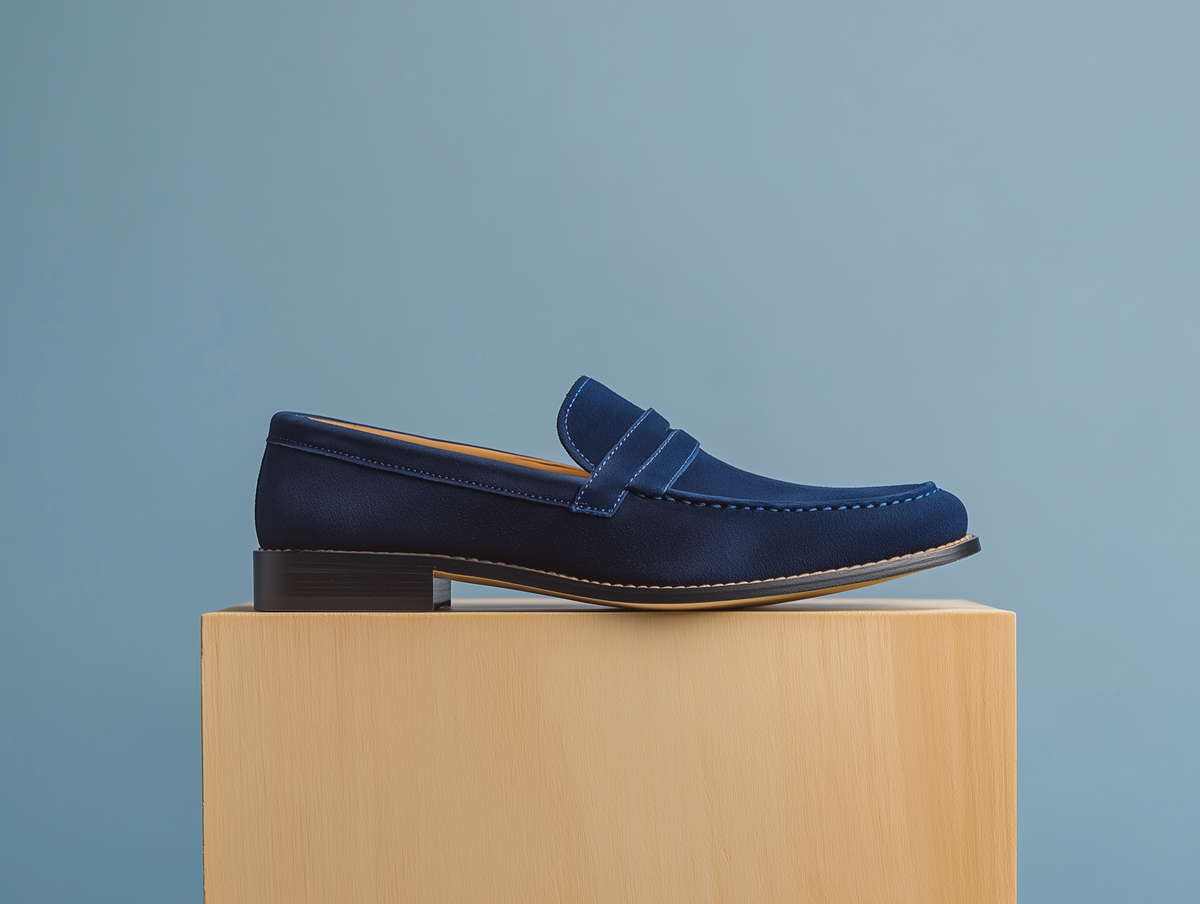 Bondeno Cecilia bespoke penny loafer in navy blue suede, side profile on a wooden plinth
