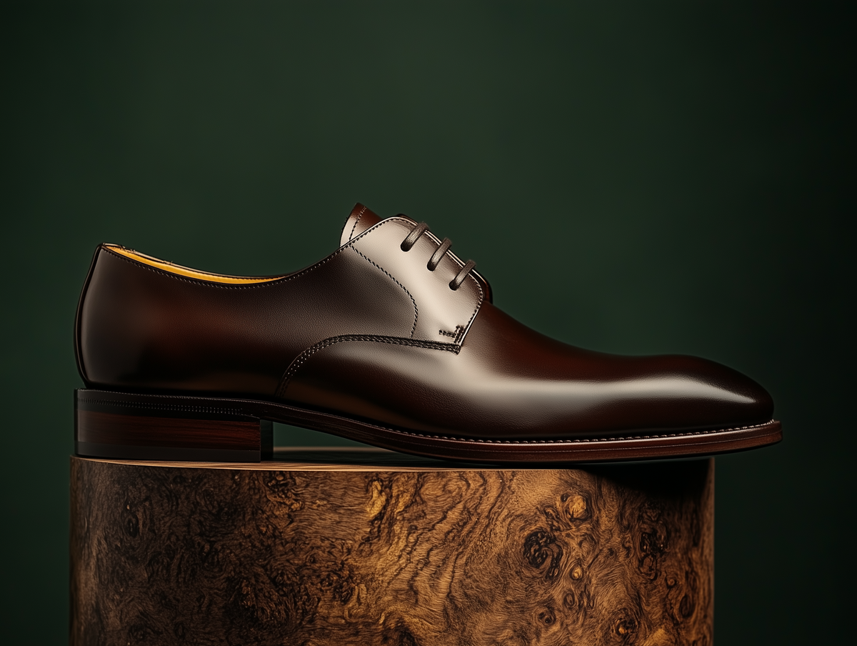 Bondeno Cesare bespoke plain-toe Derby in dark brown calfskin, side profile on a wooden plinth