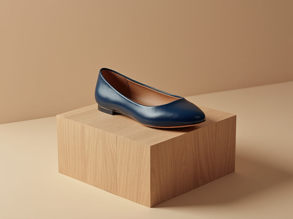 Bondeno Chiara bespoke ballet flat in navy blue calfskin, side view on a wooden block