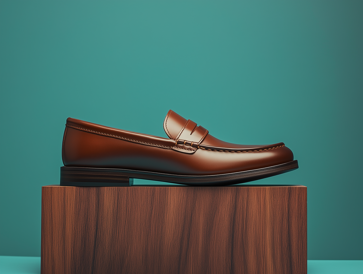 Bondeno Clemente bespoke penny loafer in brown calfskin, side profile on a wooden plinth