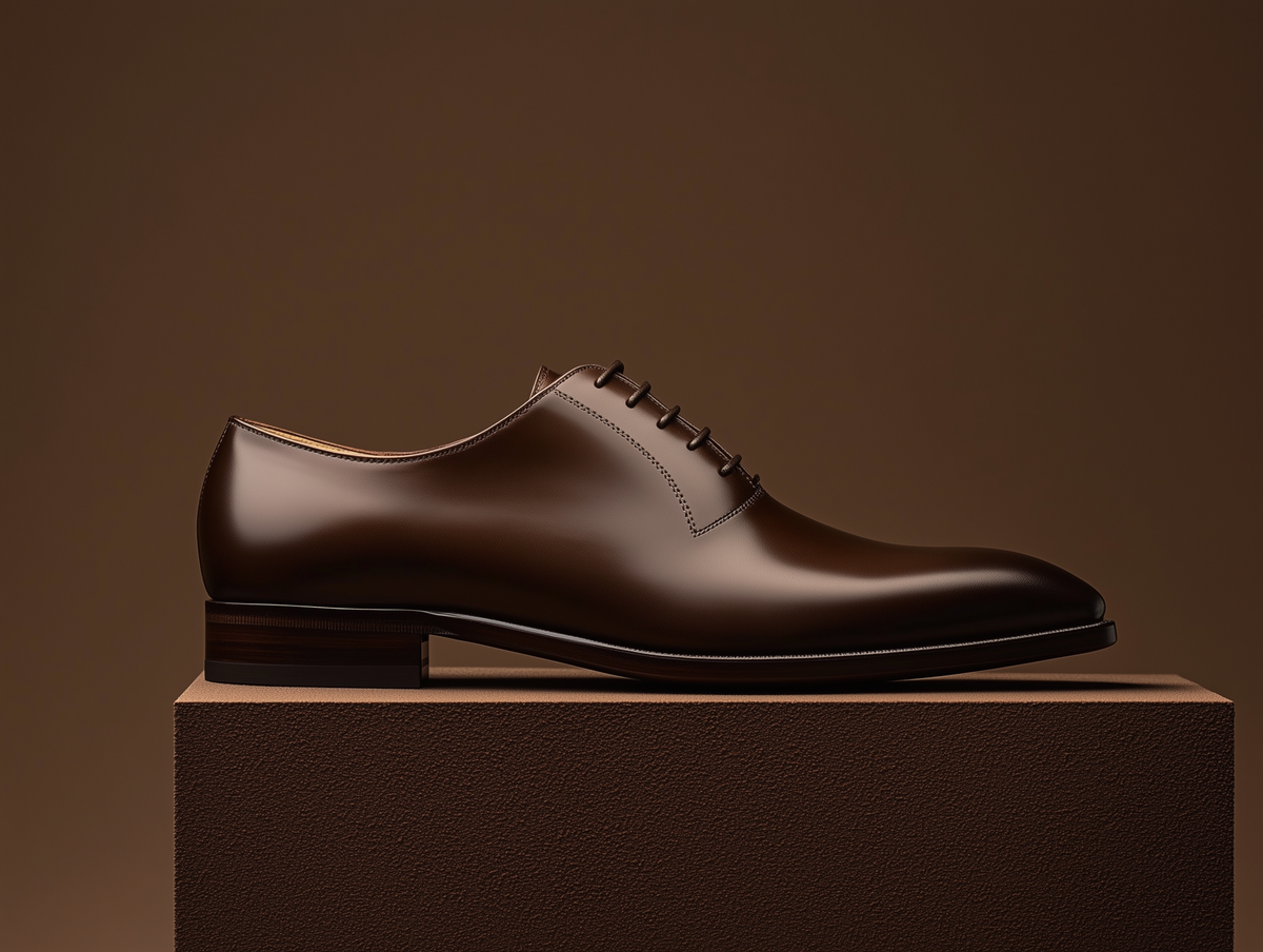 Bondeno Dante bespoke wholecut Oxford in dark brown calfskin, side profile on a wooden plinth