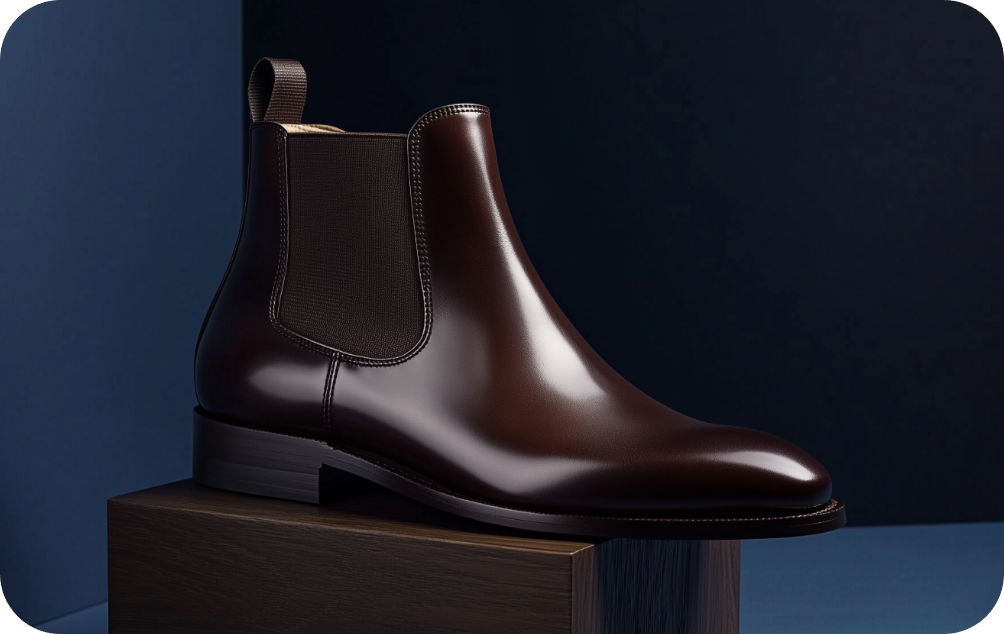 Dark brown Chelsea boot on a wooden plinth, Bondeno Bespoke Boots Gift Card