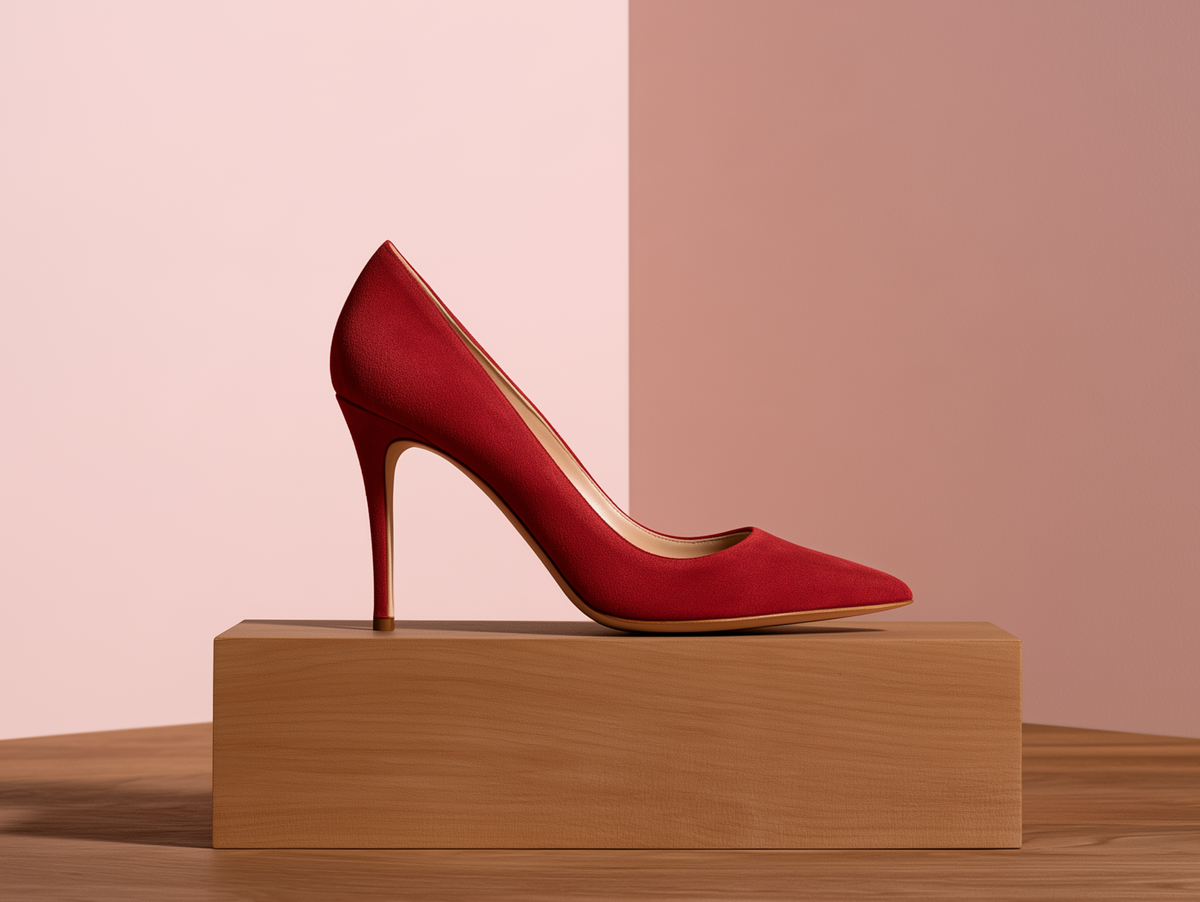 Bondeno Diletta bespoke stiletto pump in red suede, side profile on a wooden block against a pink backdrop