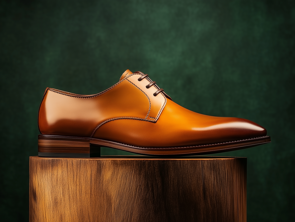 Bondeno Dino bespoke plain-toe Derby in tan calfskin, side profile on a wooden plinth