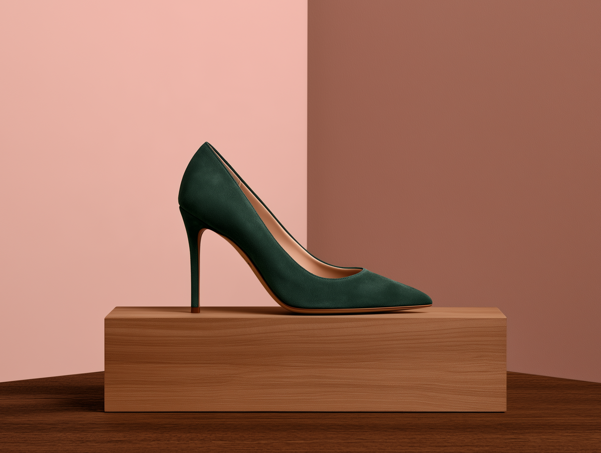Bondeno Donella bespoke stiletto pump in pine green suede, side profile on a wooden block against a pink backdrop