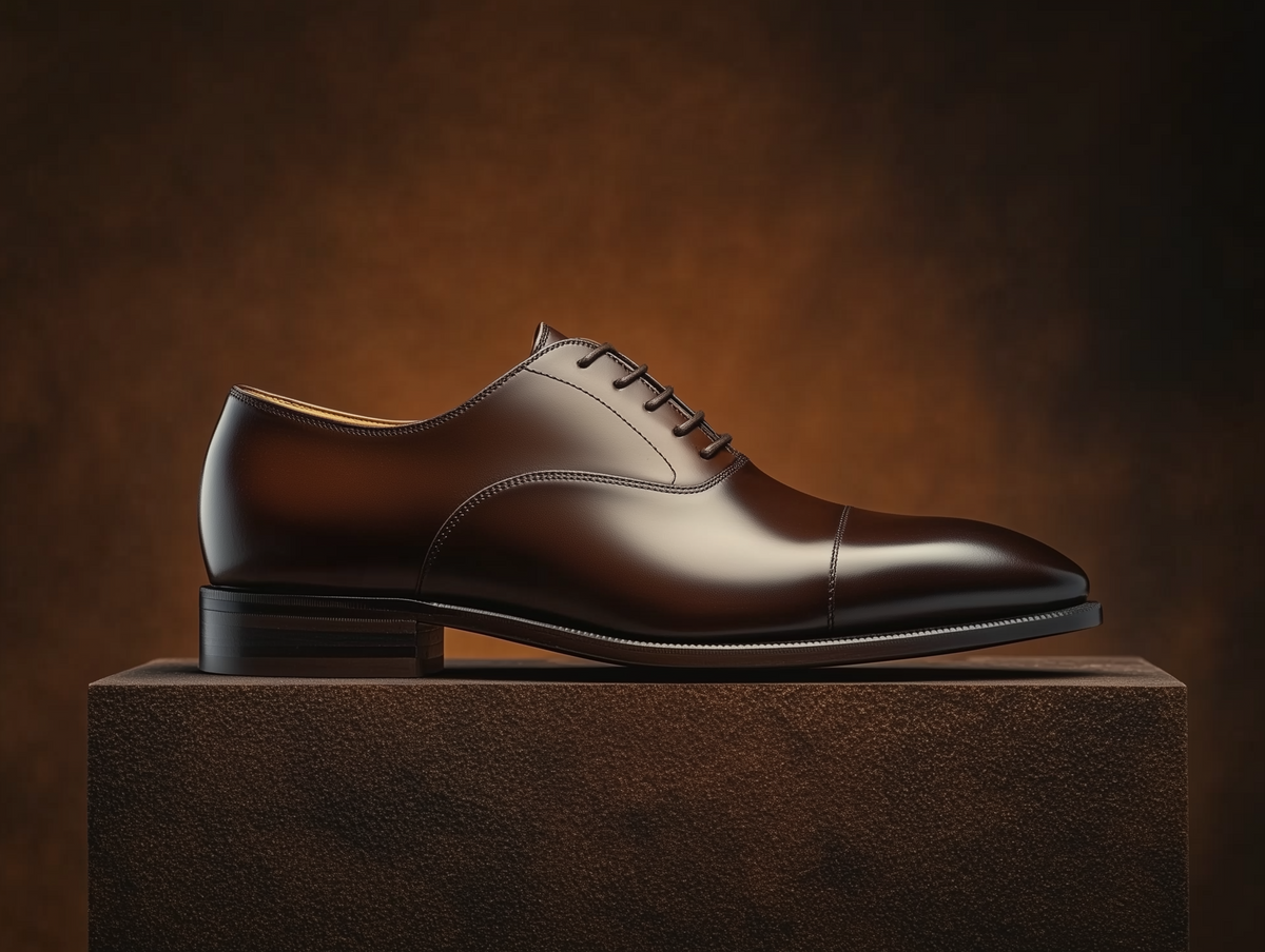 Bondeno Edoardo bespoke cap-toe Oxford in dark brown calfskin, side profile on a wooden plinth