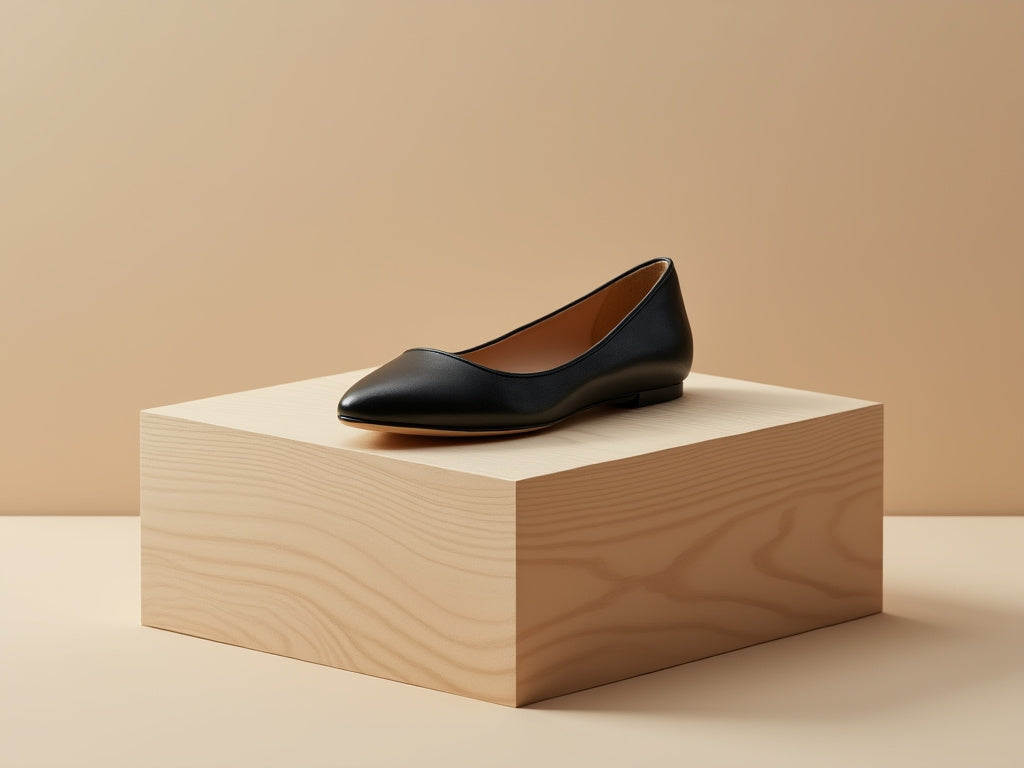 Bondeno Elena bespoke ballet flat in black calfskin, side view on a wooden block