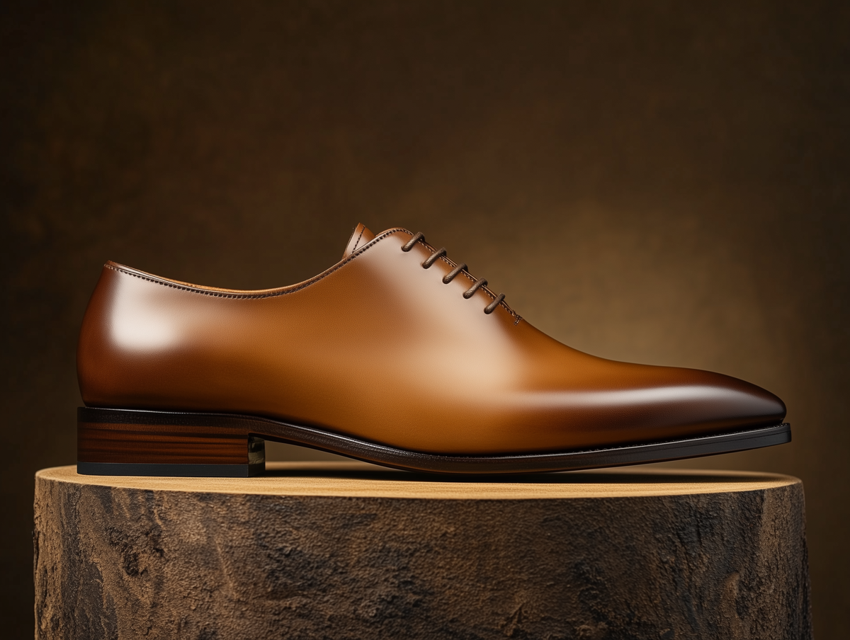 Bondeno Enea bespoke wholecut Oxford in tan calfskin, side profile on a wooden plinth