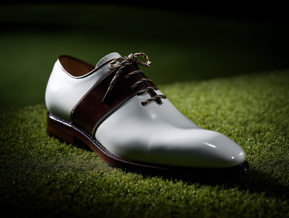 Bondeno Ernesto bespoke golf shoe in white and brown on a golf course