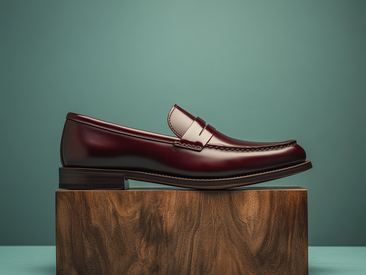 Bondeno Faro bespoke penny loafer in burgundy calfskin, side profile on a wooden plinth
