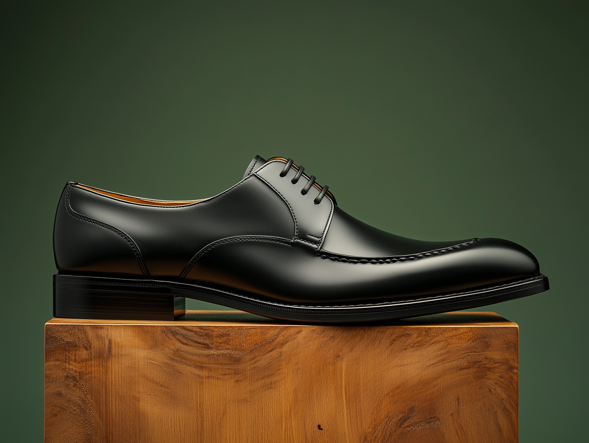 Bondeno Filberte bespoke apron-toe Derby in black calfskin, side profile on a wooden plinth