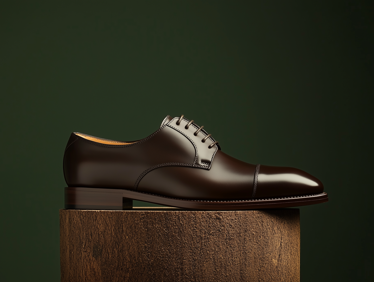 Bondeno Gaetano bespoke cap-toe Derby in dark brown calfskin, side profile on a wooden plinth