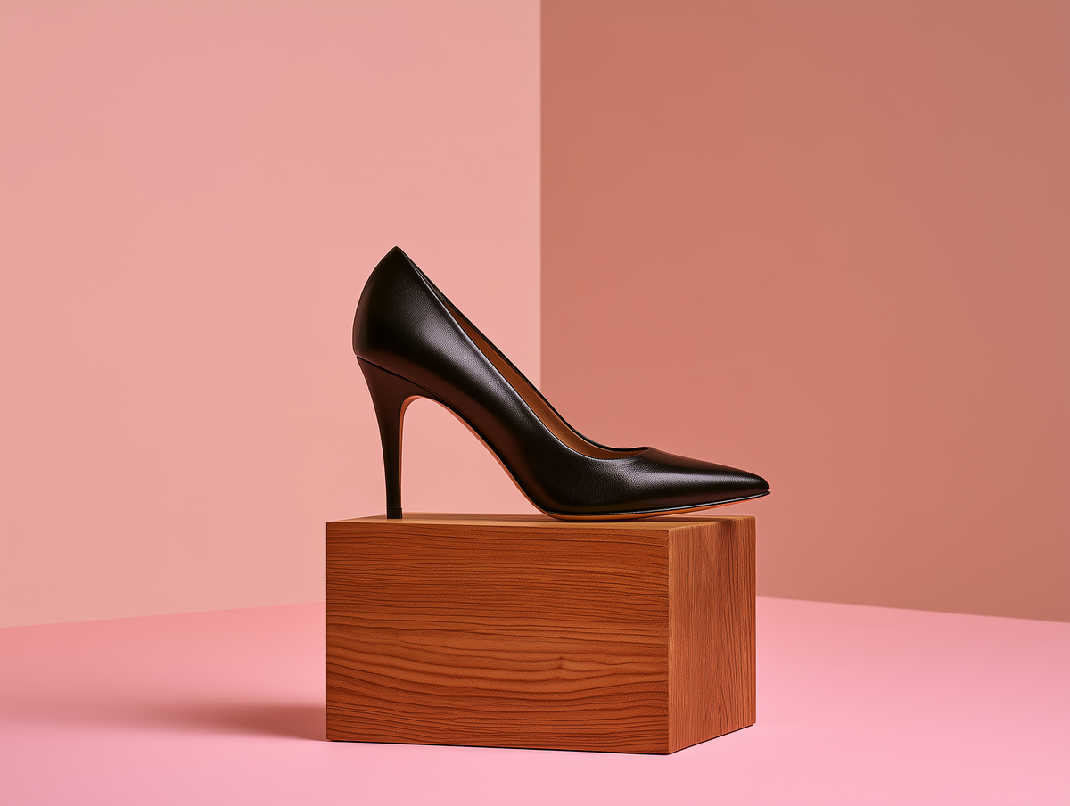 Bondeno Ginevra bespoke stiletto pump in black calfskin, side profile on a wooden block against a pink backdrop