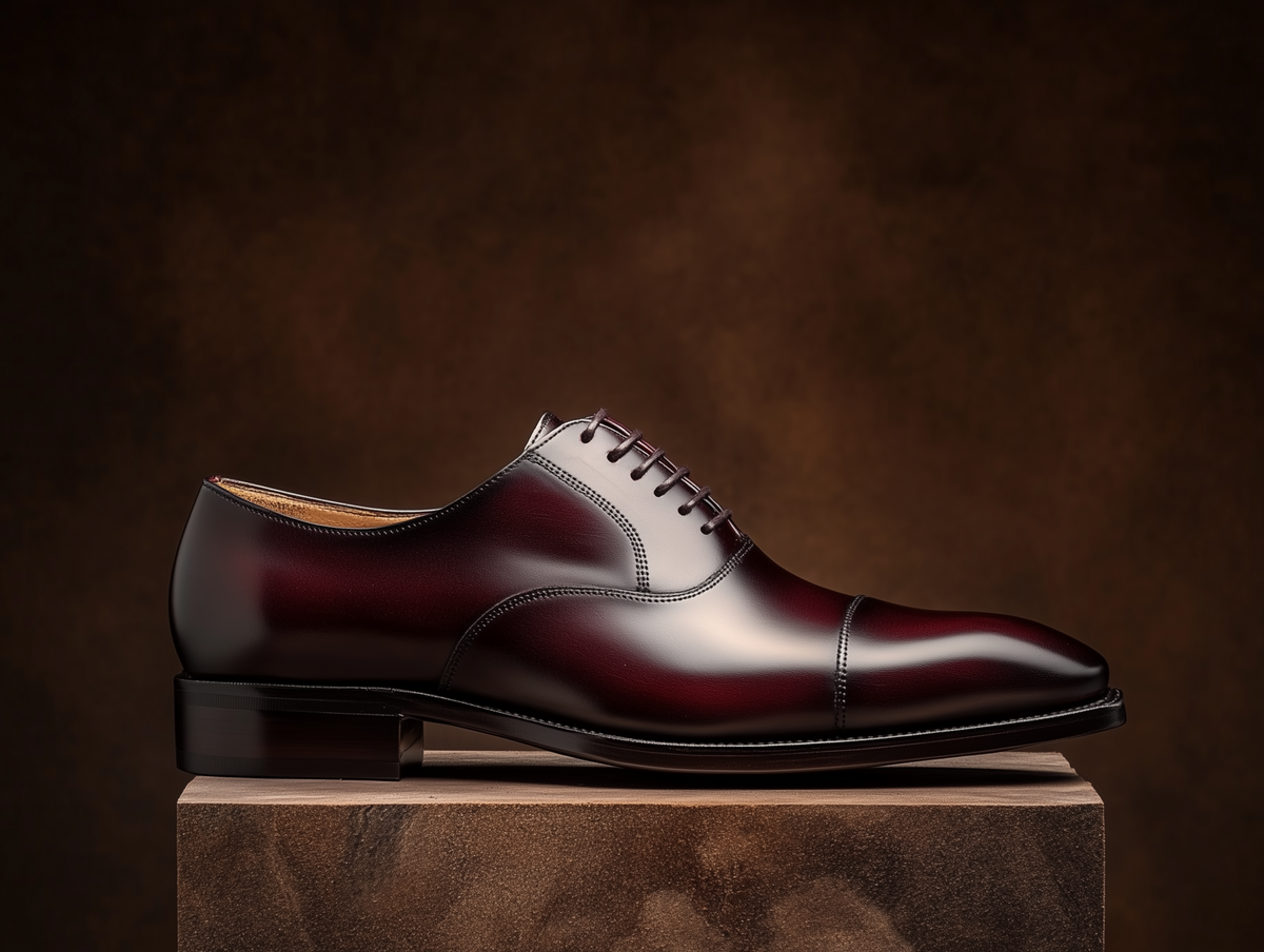 Bondeno Gualtiero bespoke cap-toe Oxford in burgundy calfskin, side profile on a wooden plinth