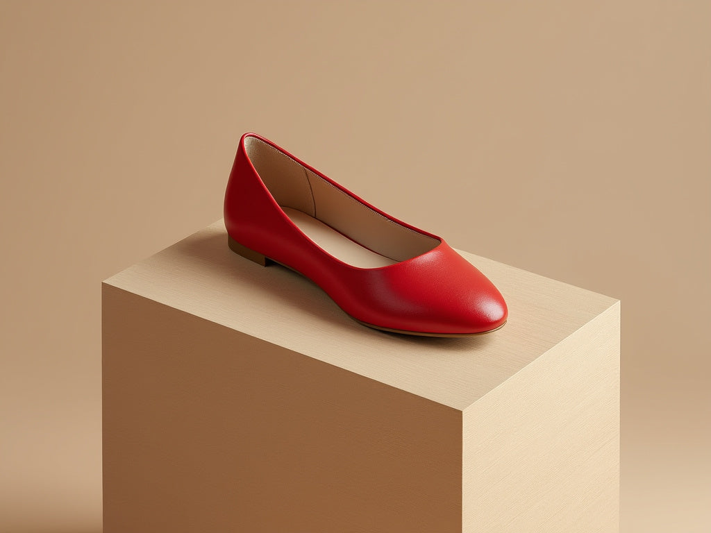 Bondeno Isabella bespoke ballet flat in red calfskin, side view on a wooden block