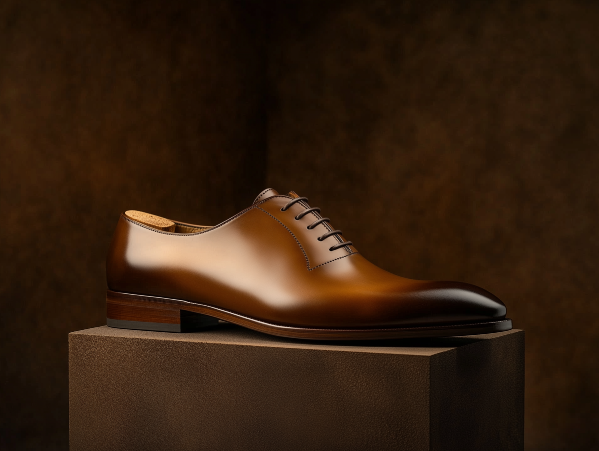 Bondeno Leandro bespoke wholecut Oxford in brown calfskin, side profile on a wooden plinth