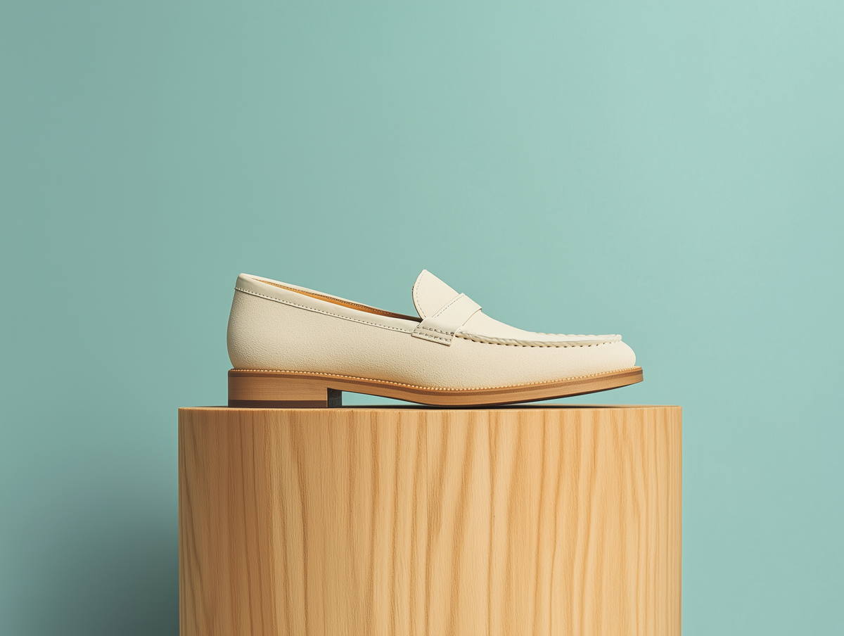 Bondeno Luna bespoke penny loafer in ivory white suede, side profile on a wooden plinth