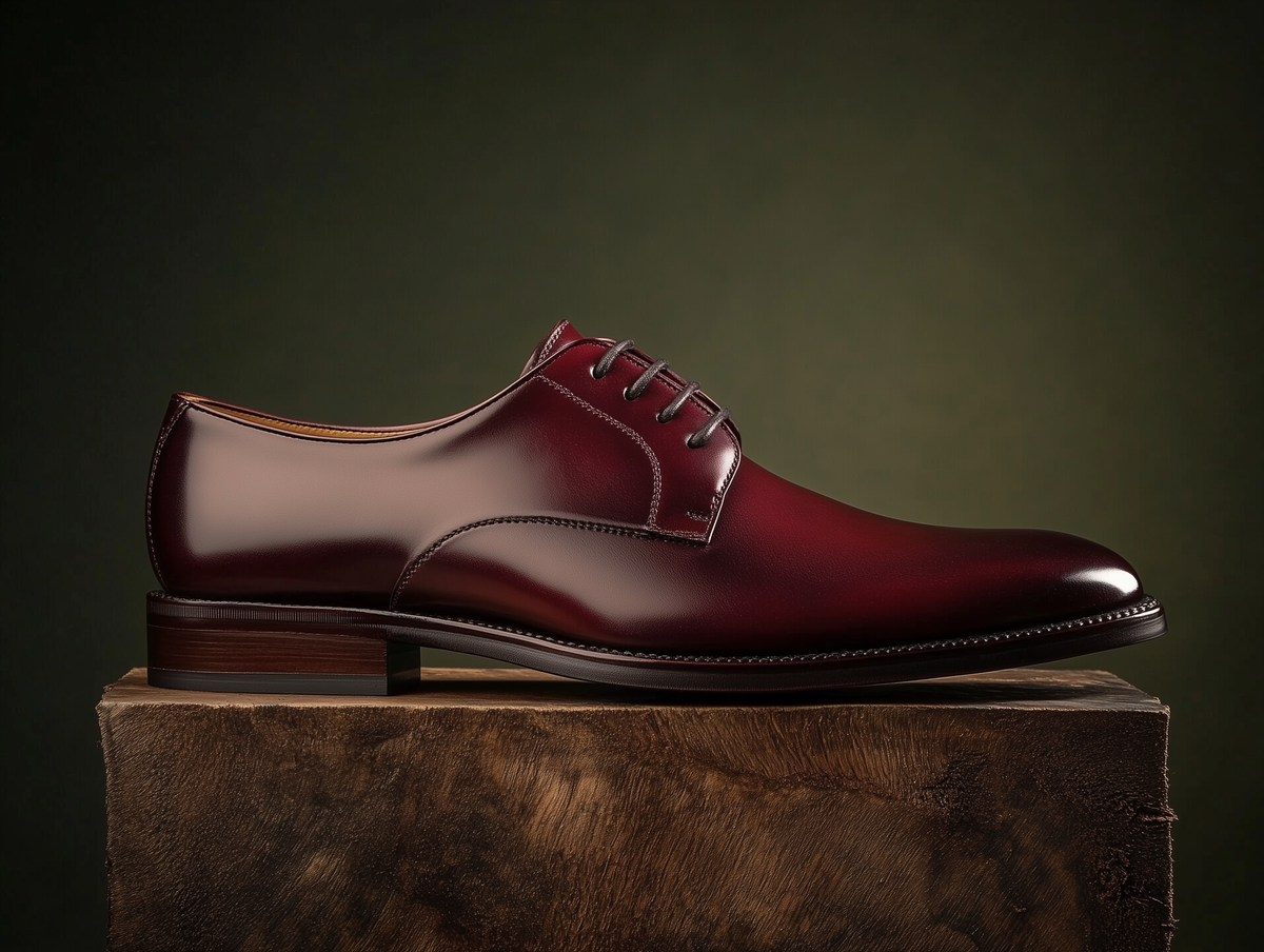 Bondeno Manuele bespoke plain-toe Derby in burgundy calfskin, side profile on a wooden plinth
