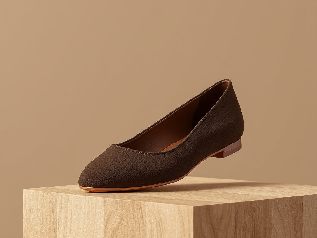 Bondeno Martina bespoke ballet flat in chocolate brown suede, side view on a wooden block