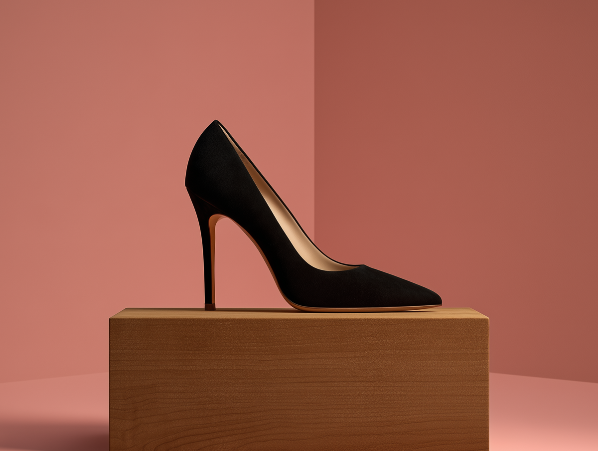 Bondeno Maura bespoke stiletto pump in black suede, side profile on a wooden block against a pink backdrop