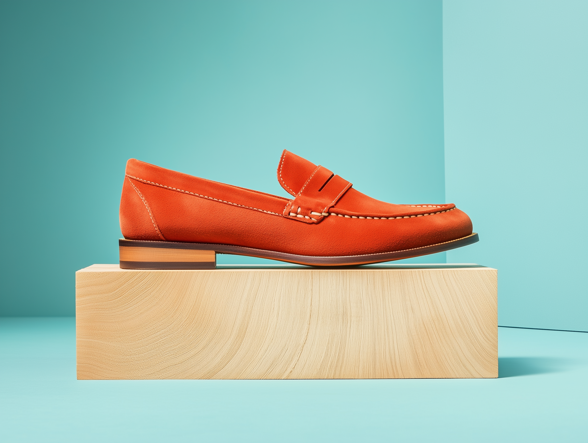 Bondeno Mirabella bespoke penny loafer in bright orange suede, side profile on a wooden plinth