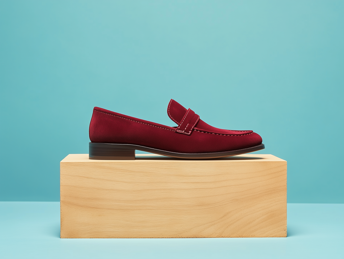 Bondeno Narcisa bespoke penny loafer in carmine red suede, side profile on a wooden plinth
