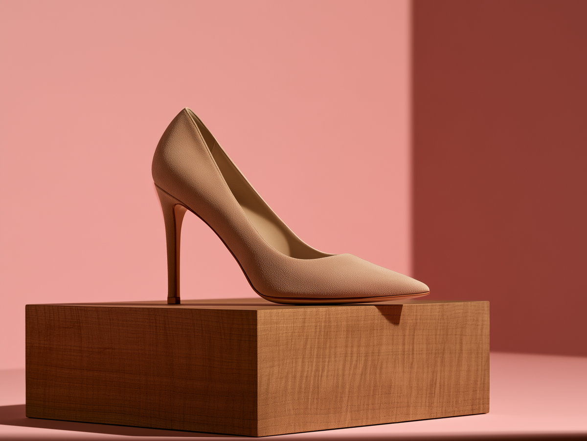 Bondeno Natalia bespoke stiletto pump in beige suede, side profile on a wooden block against a pink backdrop
